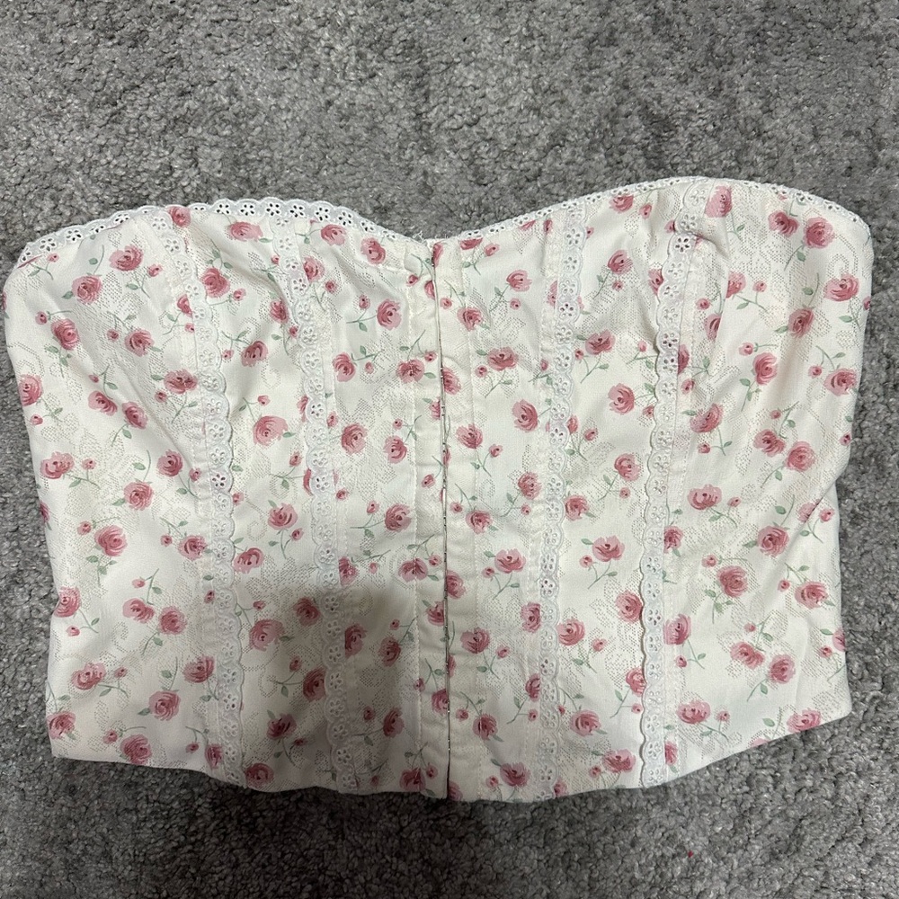 Altar'd State Floral Lace Crop Top - Pink and White